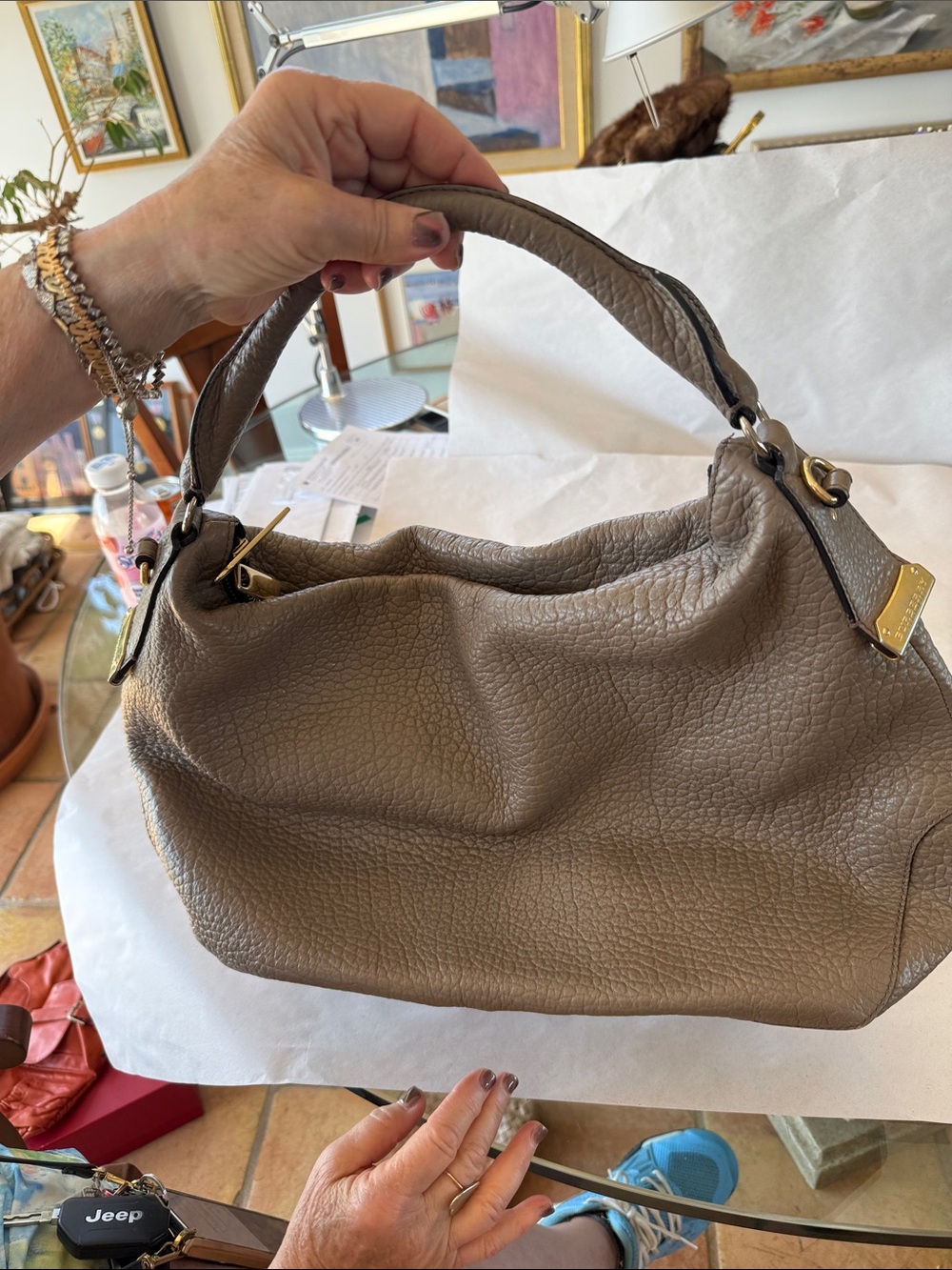 Burberry Taupe Pebbled Leather Hobo Shoulder Bag with Gold Hardware